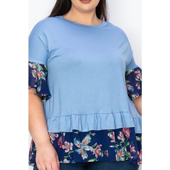 059 Curvy Lovey Ruffle Sleeves Tunic Top With Double Frill Hem in Lavender Blue - Picture 4 of 5